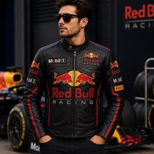 May include: A black leather jacket featuring the Red Bull Racing logo, two red bulls, and Mobil 1 branding. The jacket has a mandarin collar, a full-length front zip, and red and blue vertical stripes running down the sleeves and torso.