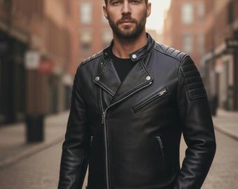 May include: Black leather motorcycle jacket with a diagonal zipper, multiple pockets, and quilted shoulder detailing. The jacket has a classic biker style and a sleek, modern look.