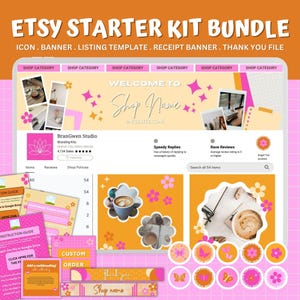 Etsy Shop Branding Kit Bundle, Editable Canva Templates, Pink, Orange Etsy Banner, Logo, Cover Set for Cohesive Store Design