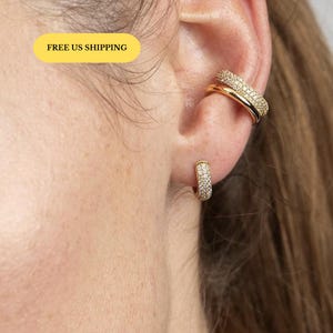 E222 Gold Paved Hoop Earrings, Small Hoop Earrings, Gold Hoops, Pave Diamond Earrings, Huggie Earrings, Mothers Day Gift, Gift for Her