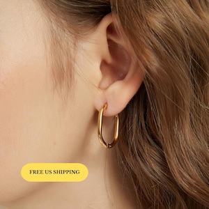 E080 gold Rectangle Hoop Earrings, rectangle earrings, oval Huggie Hoop Geometric Earrings, Gift for her, Everyday Earring, minimalist hoops