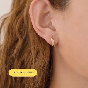 E072 Double Hoop Huggie Earrings, Pave Gold Huggie Hoops, double hoop earrings, duo hoop earrings, minimalist earrings, pave huggie earrings