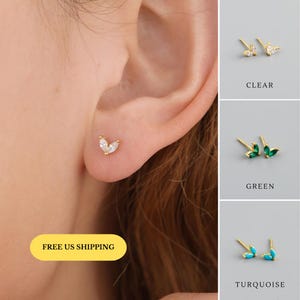 18k gold vermeil E100 Marquise Flower stud Earrings, Flower gold Studs, CZ dainty studs, marquise flower earrings, flower stud earrings