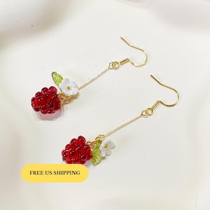 E187 Raspberry earrings, glass raspberry drop earrings, fruit earrings, raspberry dangle earrings, cute earrings, kawaii earrings, gift