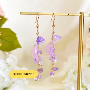 E196 purple flower dangle earrings, dangle earrings, flower earrings, floral earrings, flower dangle earrings, cute earring, kawaii earring