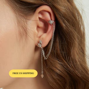 Laila silver star cuff earrings, star earrings, chain earrings, celestial earrings, star chain earrings, star chain ear cuffs, cuff earrings