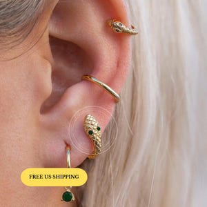 E231 snake earrings, snake hoop earrings, snake hoops, snake huggie hoops, gold snake earrings, gold snake hoops, gold hoops, huggie hoops