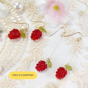 E229 Raspberry earrings, glass raspberry drop earrings, fruit earrings, raspberry dangle earrings, cute earrings, kawaii earrings, gift