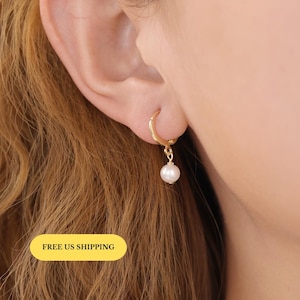 E185 Dainty Freshwater Pearl Earrings, Pearl Hoop Earrings, Gold Huggie Earrings, Pearl Drop Earrings, Bridal Jewelry, Bridesmaid Gift