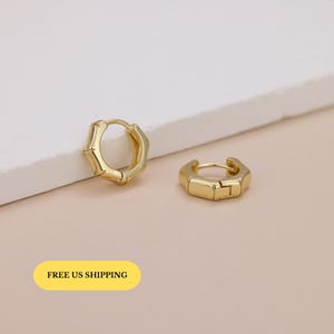 Gold Hexagon Huggie Hoop Earrings: Geometric Stainless Steel Hoops, E119