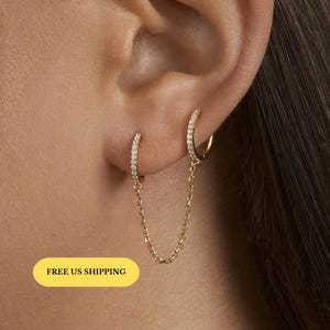 E128 double hoop chain earring, link earring, chain link earrings, Pave Duo Chain Earring, Diamond Huggie Chain Earring, Ear Chain Earrings