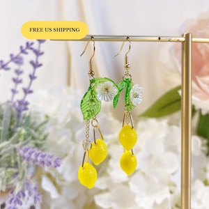 E226 lemon earrings, lemon dangle earrings, fruit earrings, cute earrings, resin earrings, food earrings, yellow earrings, boho earrings