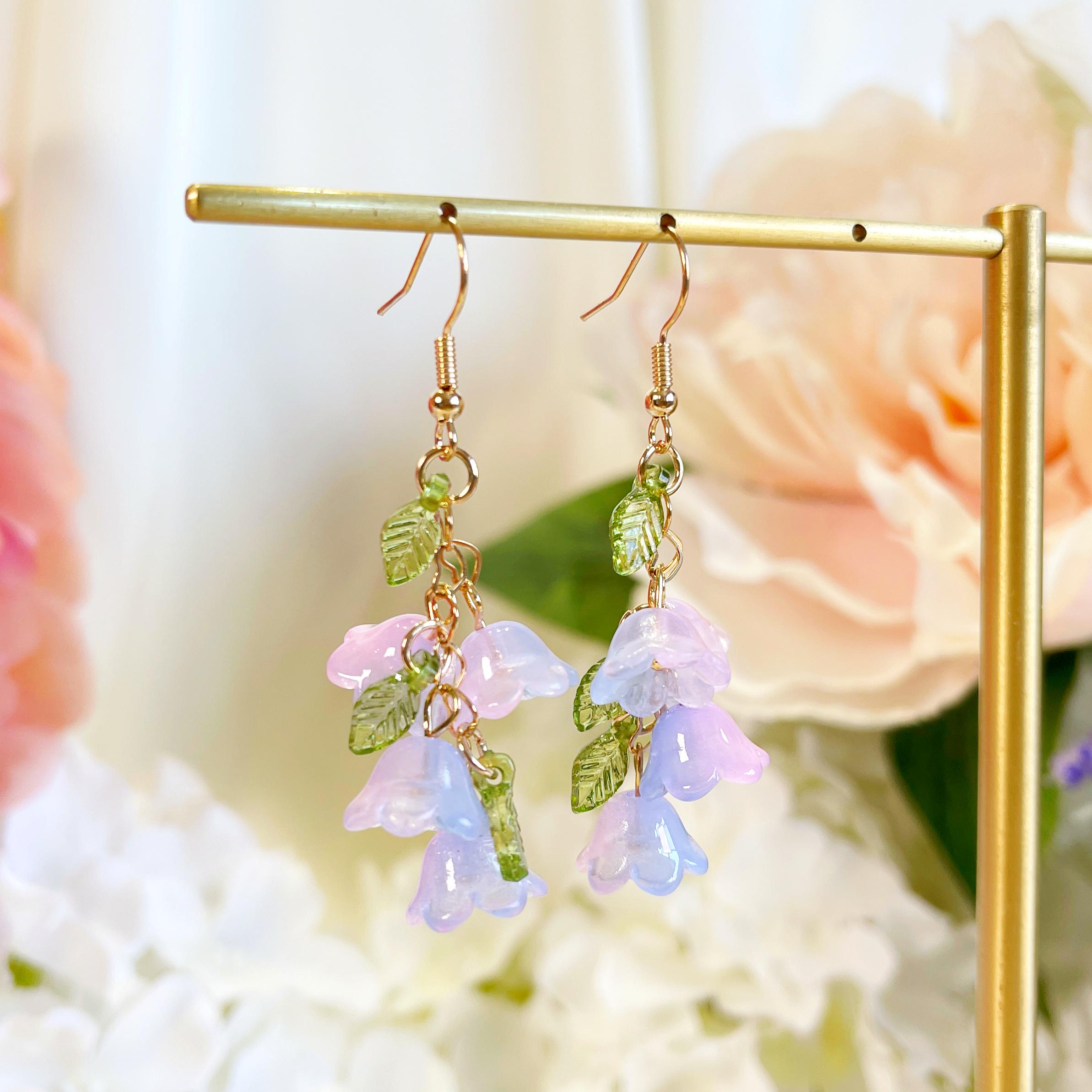 E235 Purple Flower Dangle Earrings, Lily of the Valley