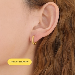 18k gold vermeil rectangle hoop earrings, long rectangular hoops, oblong square hoops, oval hoop earrings, geometric gold hoops, gift, E079