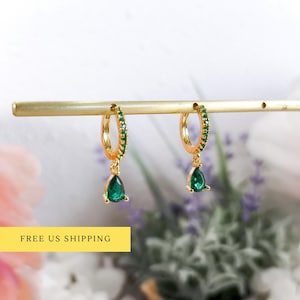 E186 paved emerald huggie hoop dangle earrings, emerald earrings, paved hoop earrings, huggie hoop earrings, green earrings, dangle earrings