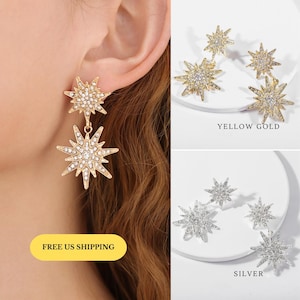 E068 star earrings, star dangle earrings, celestial earrings, starburst earrings, dangle earrings, statement earrings, sun star earrings