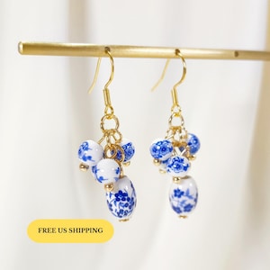 E205 Blue & White Floral Ceramic earrings, blue porcelain earrings, ceramic dangle earrings, porcelain beads earrings, flower earrings