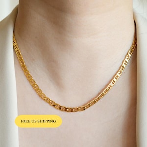 Collar de cadena chapada en oro de 14 k de Chloe, collar plano, collar de oro, collar de cadena plana, collar de cadena figaro, collar de capas, collar