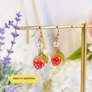 E225 strawberry earrings, fruit earrings, cute earrings, fruit earrings, strawberry dangle earrings, red strawberry earrings, kawaii earring