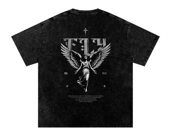 Acid Wash Oversized Angel Wings T-Shirt: Vintage Grunge Streetwear