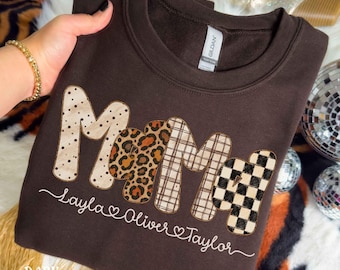 Personalized Mama Sweatshirt, Custom Mom Shirt with Kids Names, Leopard Plaid Mama Tee, Checkered Mom Shirt, Plaid Mom T-Shirt, Gift for Mom