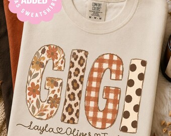 Personalized Gigi Shirt with Grandkids Names, Custom Grandma Shirt, Fall Gigi Tee, Gift for Gigi, Leopard Floral Grandma Shirt