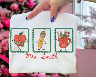 Personalized Christmas Teacher Shirt, Custom Teacher Name Tee, Cute Holiday Teacher Gift