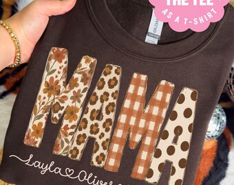 Personalized Mama Shirt with Kids Names, Fall Mama Sweatshirt, Custom Mom Shirt, Floral Leopard Mama Tee
