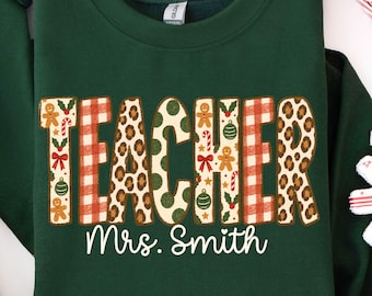 Personalized Christmas Teacher Sweatshirt, Custom Name Teacher Crewneck, Holiday Teacher Shirt, Christmas Teacher Gift, Leopard Gingham