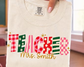 Personalized Teacher Christmas Shirt, Custom Teacher Name Tee, Retro Holiday Teacher Shirt, Christmas Teacher Gift