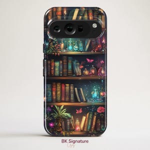 May include: A phone case featuring a detailed illustration of a bookshelf filled with books, bottles, and plants. The design includes a variety of colors, including blues, greens, and reds, with a magical, fantasy theme. The case has the text "BK Signature" at the bottom.