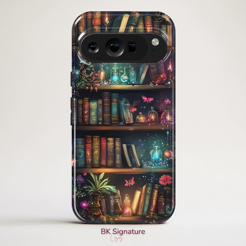 May include: A phone case with a detailed illustration of a bookshelf filled with books, bottles, and plants. The design includes a variety of colours, including blues, greens, and reds, with a magical, fantasy theme. The case has the text "BK Signature" at the bottom.