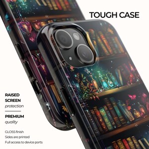 May include: A phone case with a detailed illustration of a bookshelf, featuring various books and bottles. The case has a glossy finish and the text "TOUGH CASE". It also has "RAISED SCREEN protection" and "PREMIUM quality" printed on it.