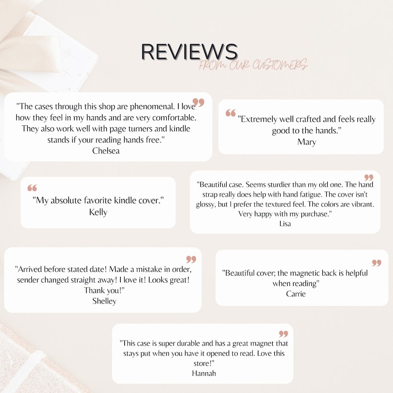 May include: Image featuring customer reviews for a product. The word "REVIEWS" is at the top, with "FROM OUR CUSTOMERS" below it. The reviews are in white boxes with quotes, and include comments about the product's quality and features.
