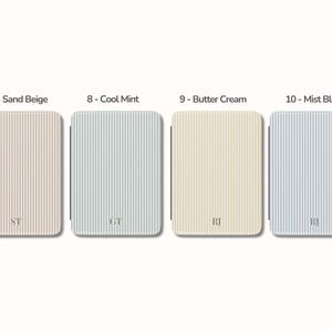 May include: Four rectangular cases with vertical striped patterns in sand beige, cool mint, butter cream, and mist blue. Each case has a different initial printed on it. The colors are labeled with numbers.