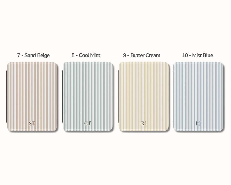 May include: Four rectangular cases with vertical striped patterns in sand beige, cool mint, butter cream, and mist blue. Each case has a different initial printed on it. The colors are labeled with numbers.