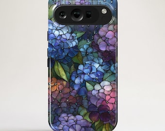 Hydrangea Phone Case Stained Glass cover for Google Pixel 9, 9 Pro XL, 9A, 9 Pro, 8, 8 Pro, 7, 7 Pro, iPhone 16e, 16 Pro, Samsung S25 Ultra