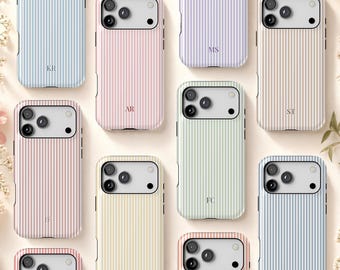 May include: A collection of smartphone cases featuring vertical pinstripes in various pastel colours including blue, pink, lavender, beige, and green. Each case displays a unique two-letter monogram and a rectangular camera cutout with three lenses.