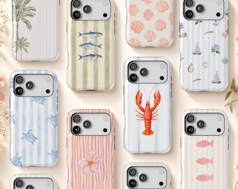 May include: A collection of smartphone cases featuring various designs including palm trees, fish, seashells, sailboats, sea turtles, a lobster, a plumeria flower, and striped patterns. The text BK Signature is visible on one of the cases.