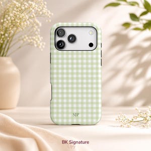 Funda para teléfono color verde salvia, funda minimalista para iPhone 17, Samsung S26, Pixel 10, funda MagSafe de cuadros vichy para primavera/verano.