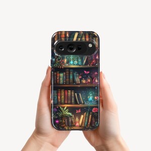 May include: A phone case with a detailed illustration of a bookshelf filled with books, glowing bottles, and plants. The design includes a variety of colours, including greens, blues, and browns, creating a whimsical and magical aesthetic.