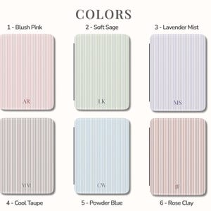 May include: A product display showcasing six color options: Blush Pink, Soft Sage, Lavender Mist, Cool Taupe, Powder Blue, and Rose Clay. Each color is represented by a rectangular case with vertical stripes and initials.
