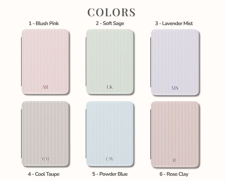 May include: A product display showcasing six color options: Blush Pink, Soft Sage, Lavender Mist, Cool Taupe, Powder Blue, and Rose Clay. Each color is represented by a rectangular case with vertical stripes and initials.
