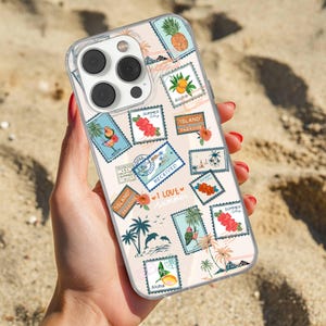 Funda de verano con sellos vintage para iPhone 16e, 15, 14, 13, 12, 11, SE, Samsung S25 Edge, A15, S21, S23, Pixel 9A, 8 Pro