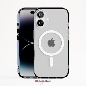 May include: Clear phone case with a black border, showcasing an Apple logo and a white circular MagSafe charger. The case is designed to fit a smartphone, with a camera cutout and a white rectangular charger at the bottom. The text "BK Signature" is at the bottom.