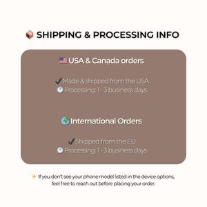 May include: A graphic with the text "SHIPPING & PROCESSING INFO" on a white background. It details shipping information for USA & Canada orders and International Orders, including processing times. The text also includes a note about phone models.