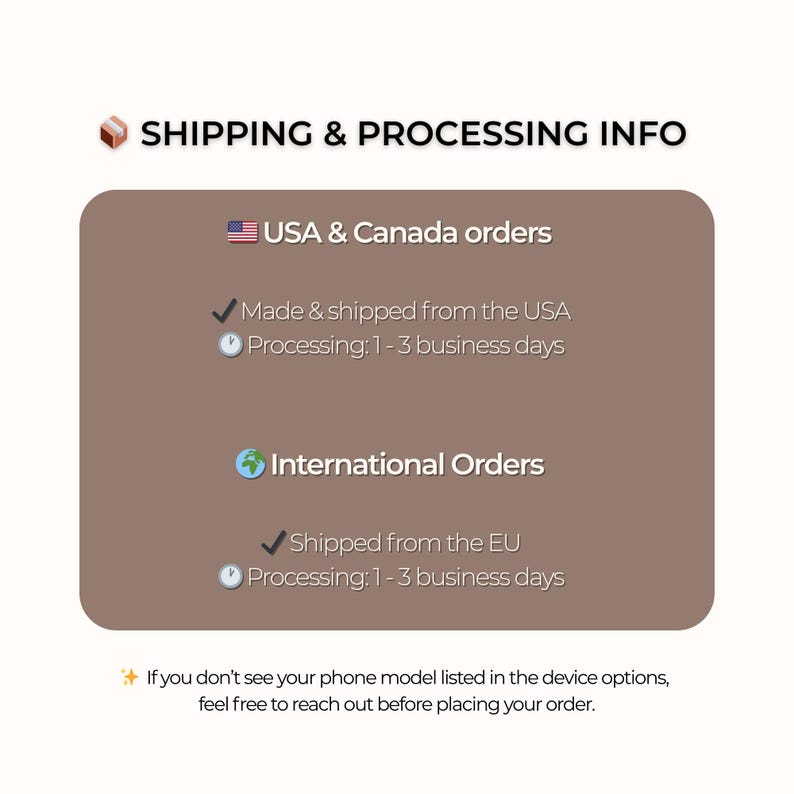 May include: A graphic with the text "SHIPPING & PROCESSING INFO" on a white background. It details shipping information for USA & Canada orders and International Orders, including processing times. The text also includes a note about phone models.