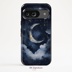 May include: A dark blue phone case featuring a crescent moon design with clouds and stars. The case has a glossy finish and a camera cutout. The text "BK Signature" is at the bottom.