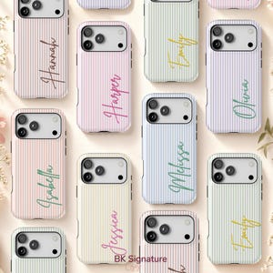 May include: A collection of smartphone cases featuring vertical pinstripes in various pastel colors. Each case displays a unique name in cursive script, including Hannah, Harper, Emily, Olivia, Isabella, Melissa, and Jessica. The text BK Signature is visible.