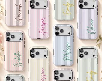 May include: A collection of smartphone cases featuring vertical pinstripes in various pastel colours. Each case displays a unique name in cursive script, including Hannah, Harper, Emily, Olivia, Isabella, Melissa, and Jessica. The text BK Signature is visible.